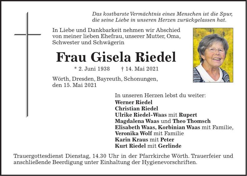 Traueranzeige Gisela Riedel