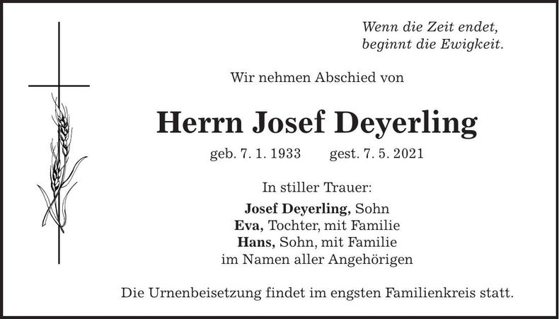 Traueranzeige Josef Deyerling
