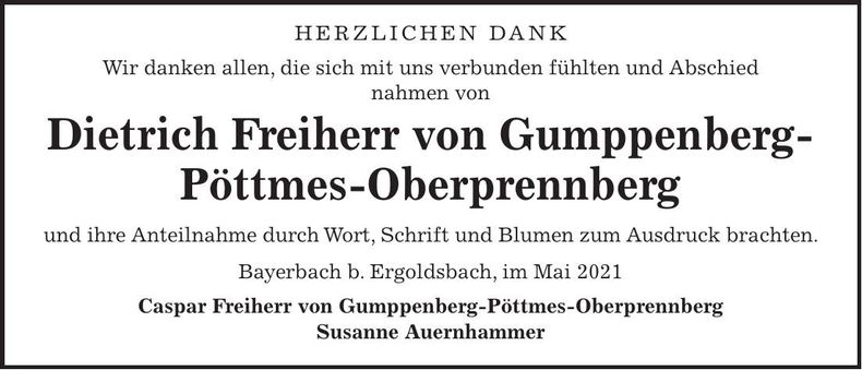 Traueranzeige Dietrich Freiherr von Gumppenberg-Pöttmes-Oberprennberg