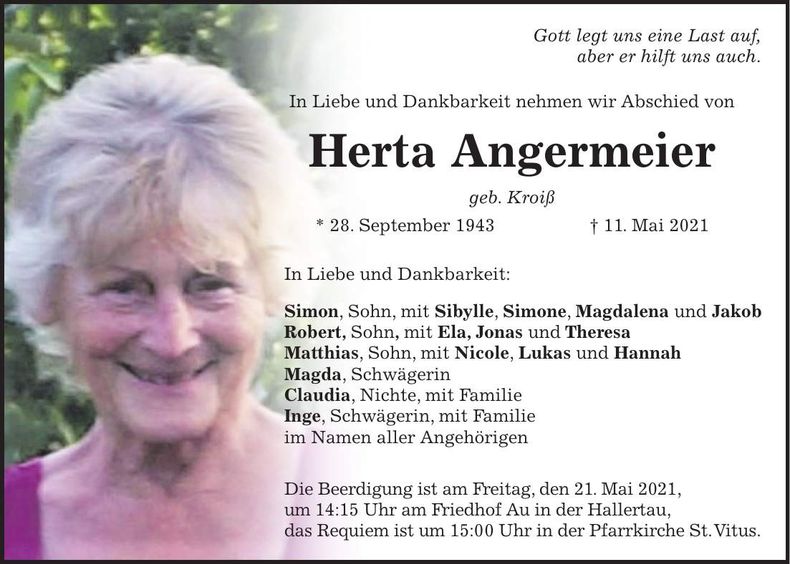 Traueranzeige Herta Angermeier