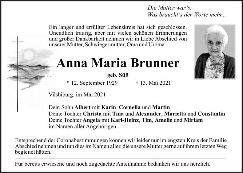 Traueranzeige Anna Maria Brunner