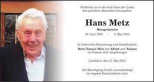 Traueranzeige Hans Metz