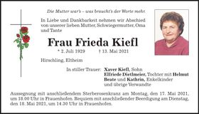 Traueranzeige Frieda Kiefl