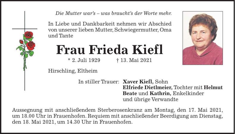 Traueranzeige Frieda Kiefl