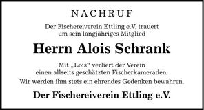 Traueranzeige Alois Schrank