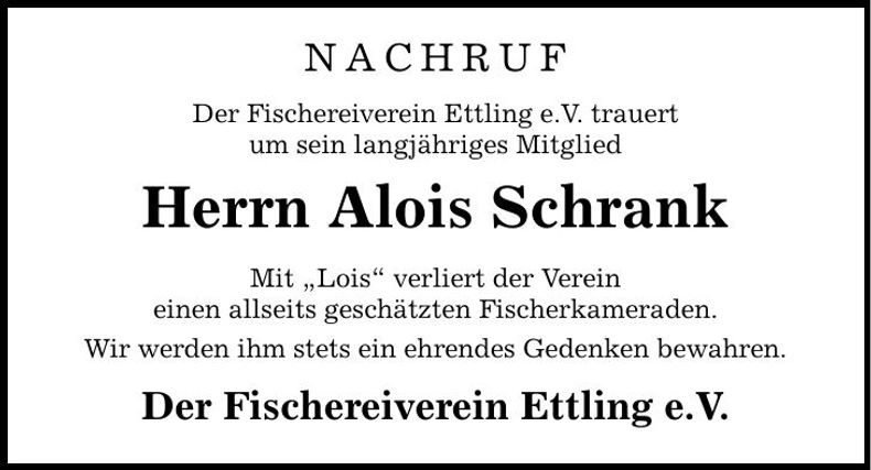 Traueranzeige Alois Schrank