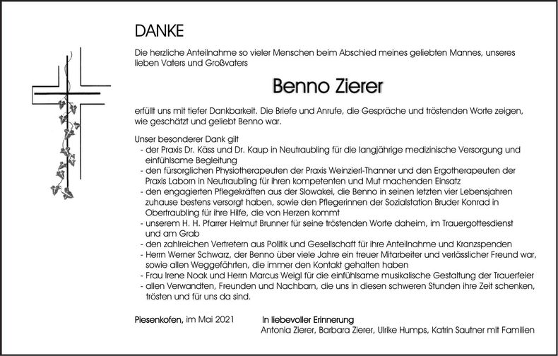 Traueranzeige Benno Zierer