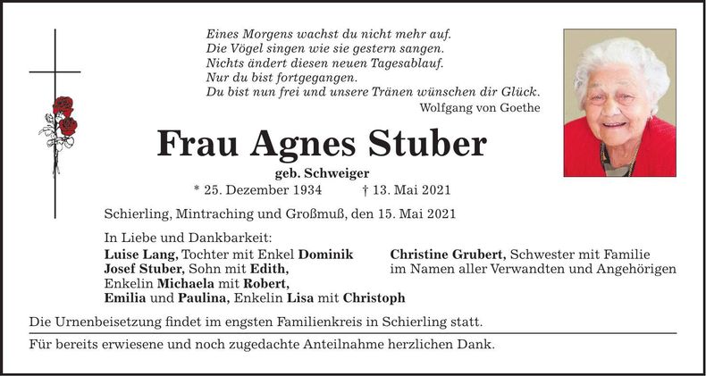 Traueranzeige Agnes Stuber