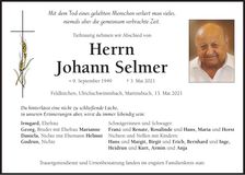 Traueranzeige Johann Selmer