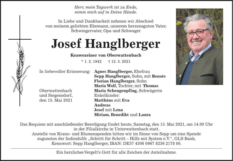 Traueranzeige Josef Hanglberger
