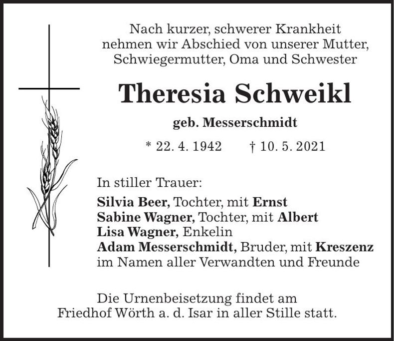 Traueranzeige Theresia Schweikl