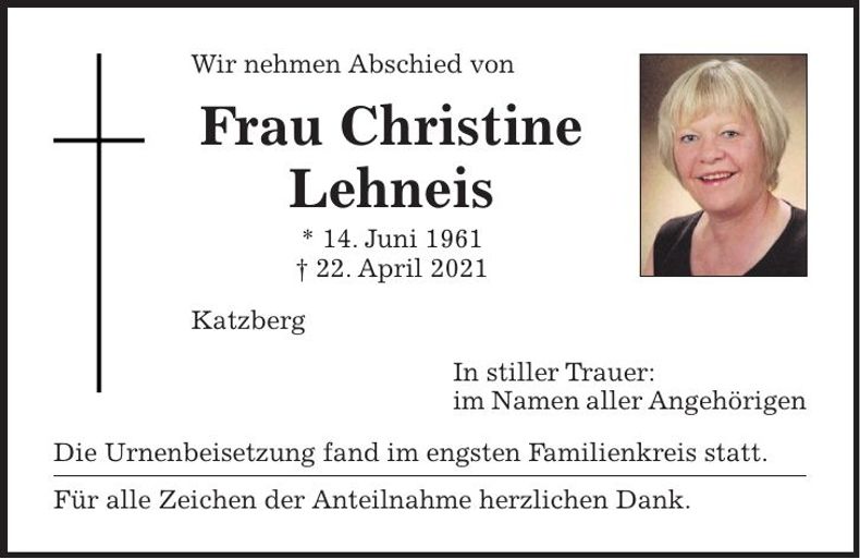 Traueranzeige Christine Lehneis