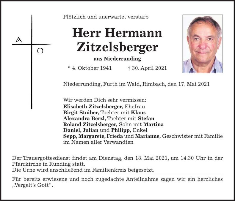 Traueranzeige Hermann Zitzelsberger