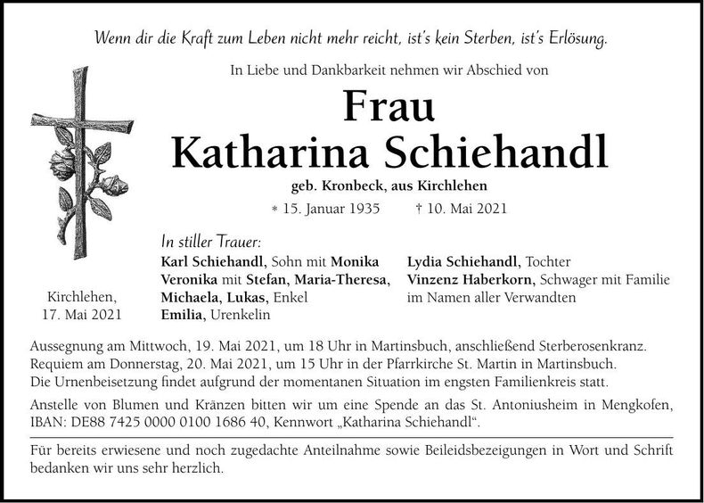 Traueranzeige Katharina Schiehandl