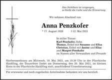 Traueranzeige Anna Penzkofer
