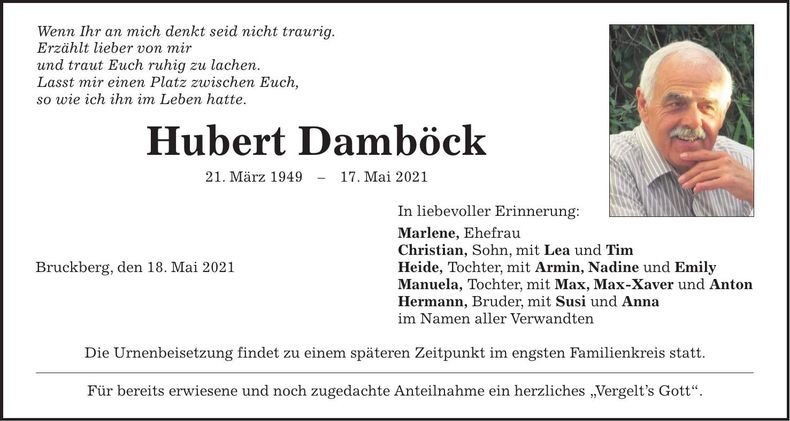 Traueranzeige Hubert Damböck