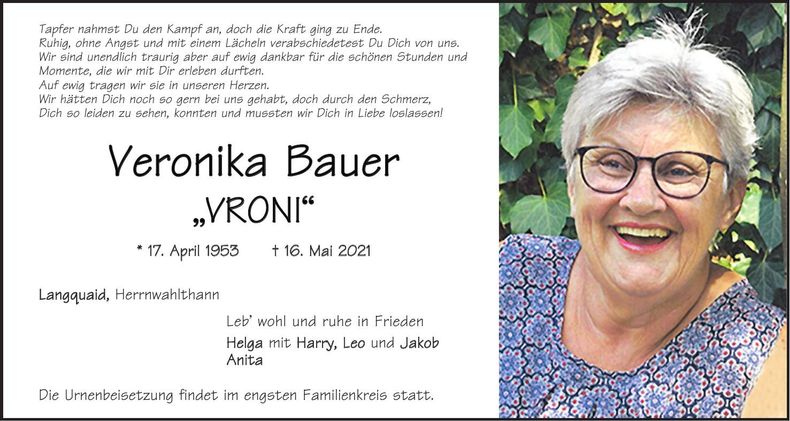 Traueranzeige Veronika Bauer