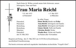 Traueranzeige Maria Reichl