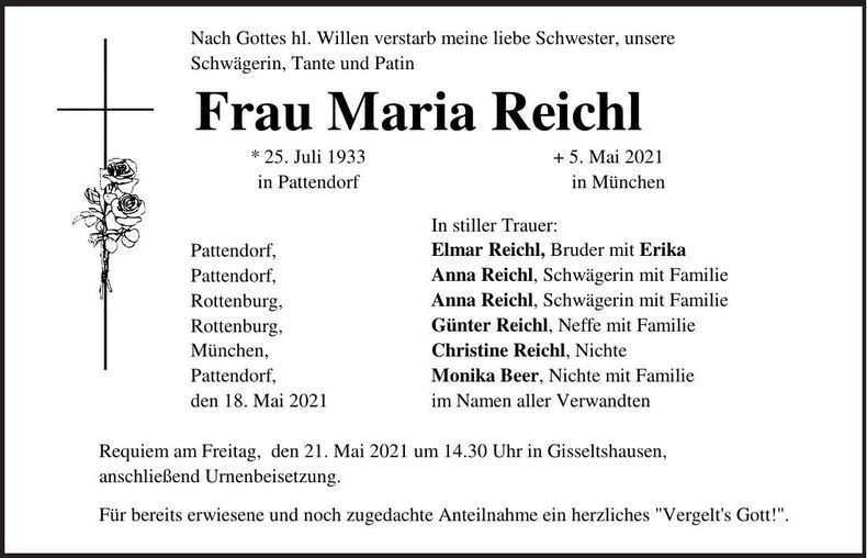 Traueranzeige Maria Reichl