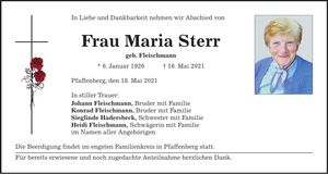 Traueranzeige Maria Sterr