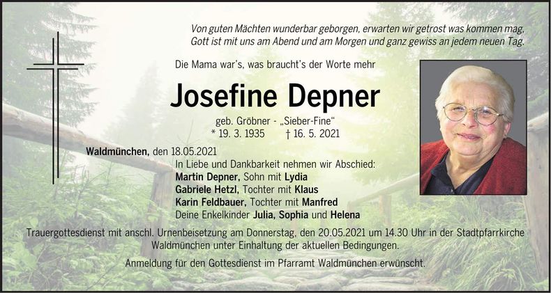 Traueranzeige Josefine Depner