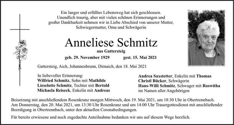 Traueranzeige Anneliese Schmitz