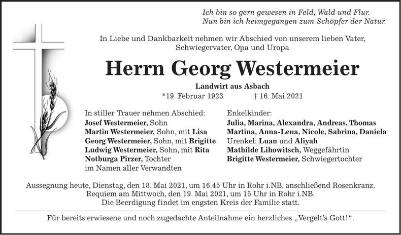 Traueranzeige Georg Westermeier