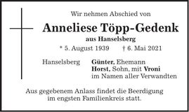 Traueranzeige Anneliese Töpp-Gedenk
