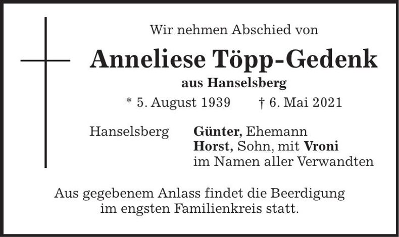Traueranzeige Anneliese Töpp-Gedenk