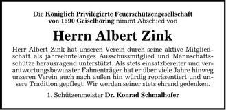 Traueranzeige Albert Zink
