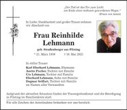 Traueranzeige Reinhilde Lehmann