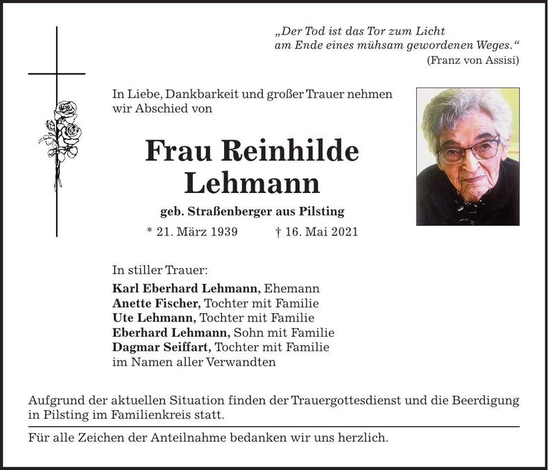 Traueranzeige Reinhilde Lehmann
