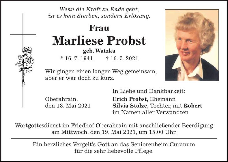 Traueranzeige Marliese Probst