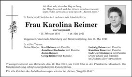 Traueranzeige Carolina Reimer