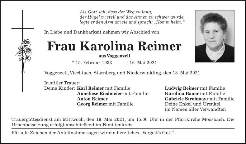 Traueranzeige Carolina Reimer