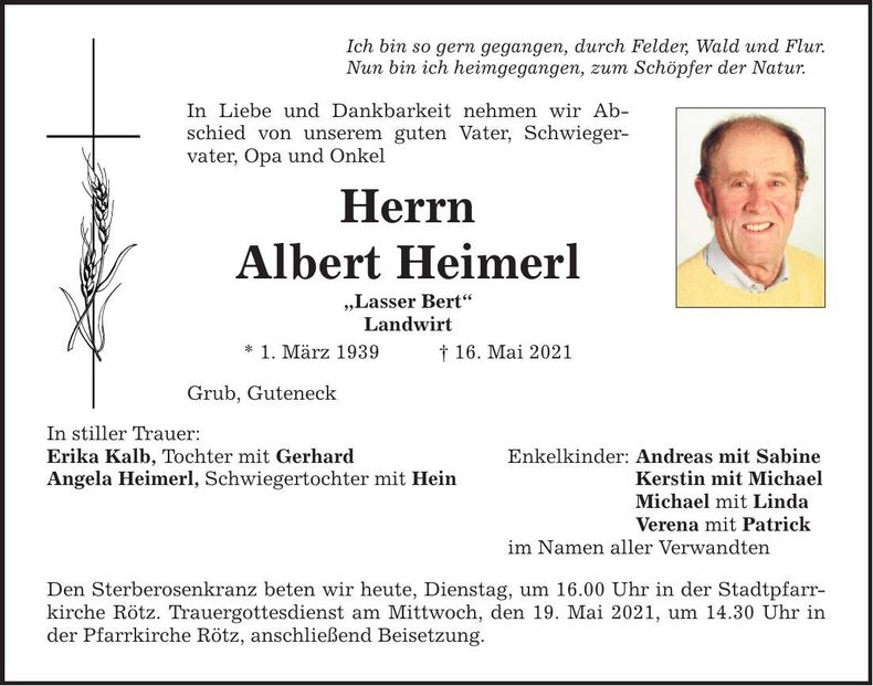 Traueranzeige Albert Heimerl