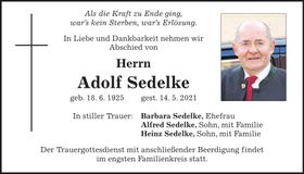 Traueranzeige Adolf Sedelke