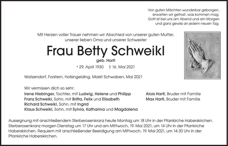 Traueranzeige Betty Schweikl
