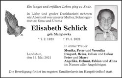 Traueranzeige Elisabeth Schlick