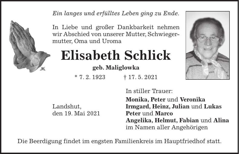 Traueranzeige Elisabeth Schlick