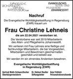 Traueranzeige Christine Lehneis