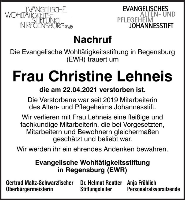 Traueranzeige Christine Lehneis