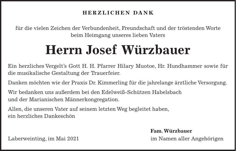 Traueranzeige Josef Würzbauer