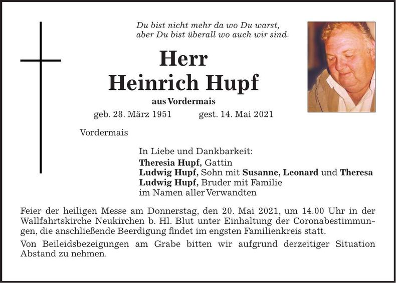 Traueranzeige Heinrich Hupf