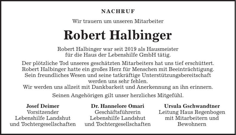 Traueranzeige Robert Halbinger