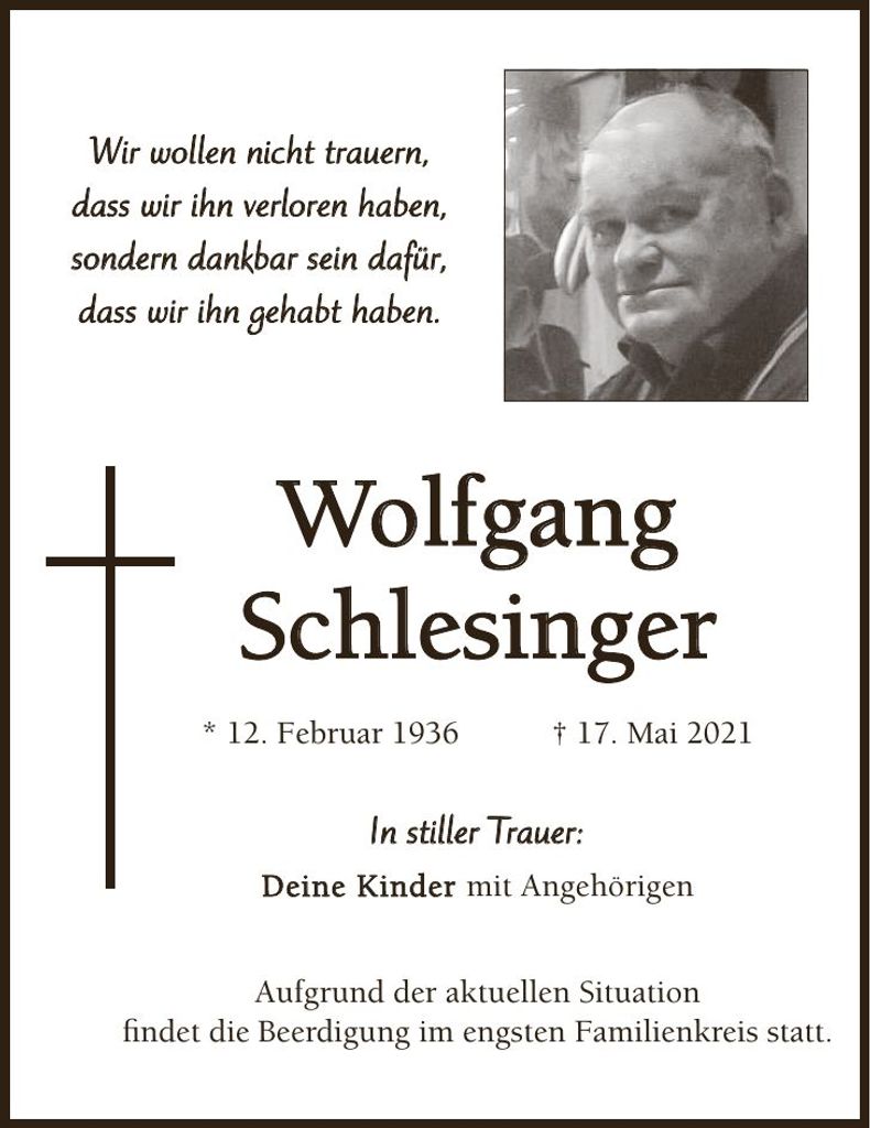 Traueranzeige Wolfgang Schlesinger