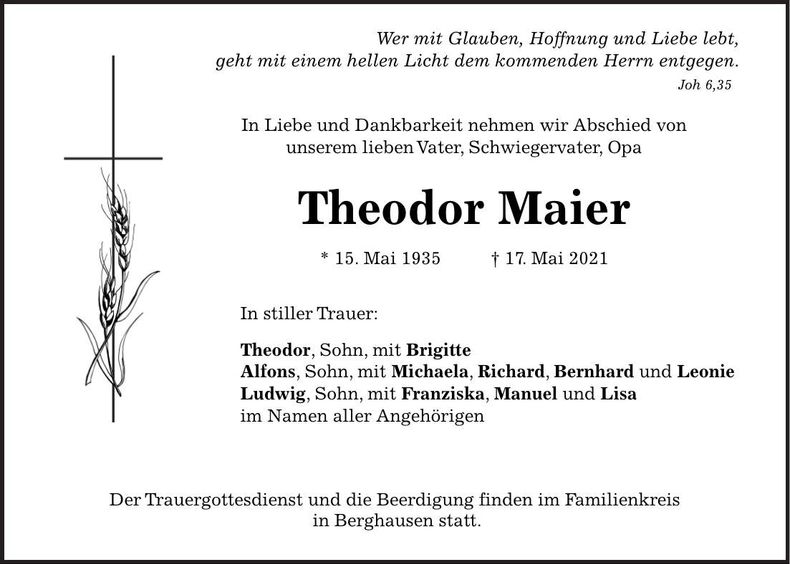 Traueranzeige Theodor Maier