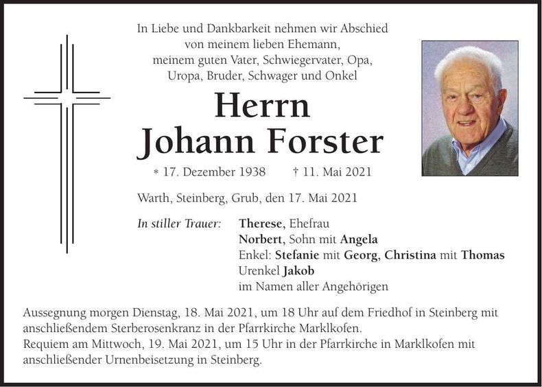 Traueranzeige Johann Forster