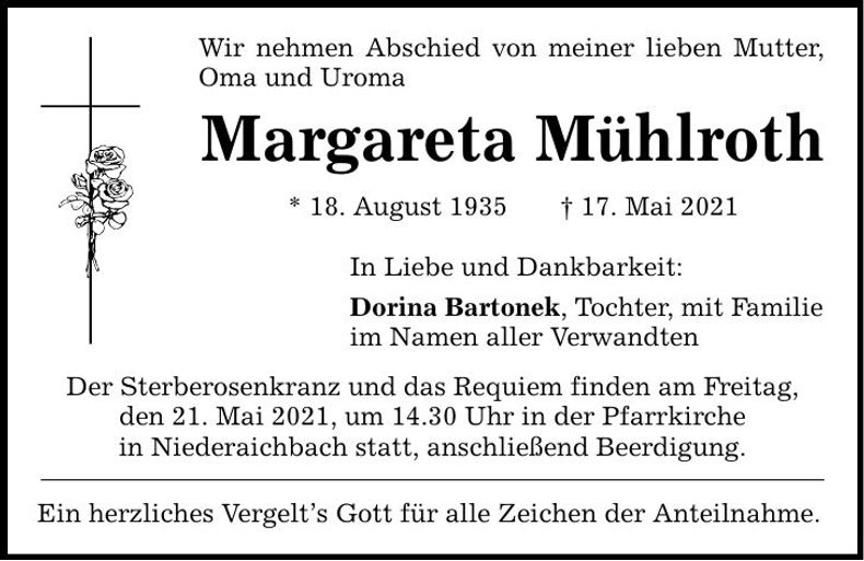 Traueranzeige Margareta Mühlrott