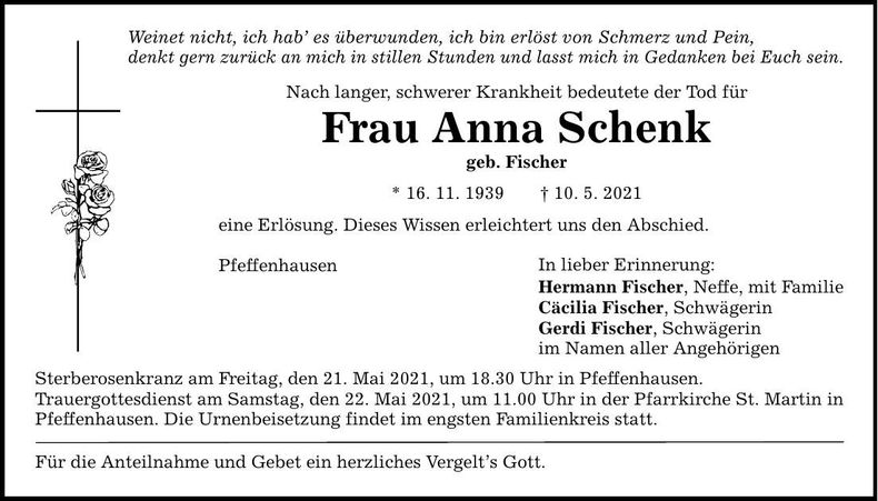 Traueranzeige Anna Schenk